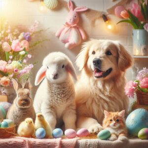 rabbit, lamb, chick, dog and cat in Easter scene