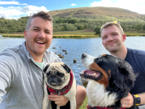 Dog Dads Matt & Dave with Winston the Pug & Buddy the Bernese Mountain Dog
