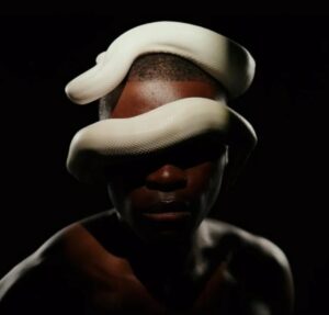 A white snake wrapped around a mans head